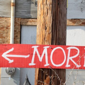 Red sign reading MORE nailed to a wooden post